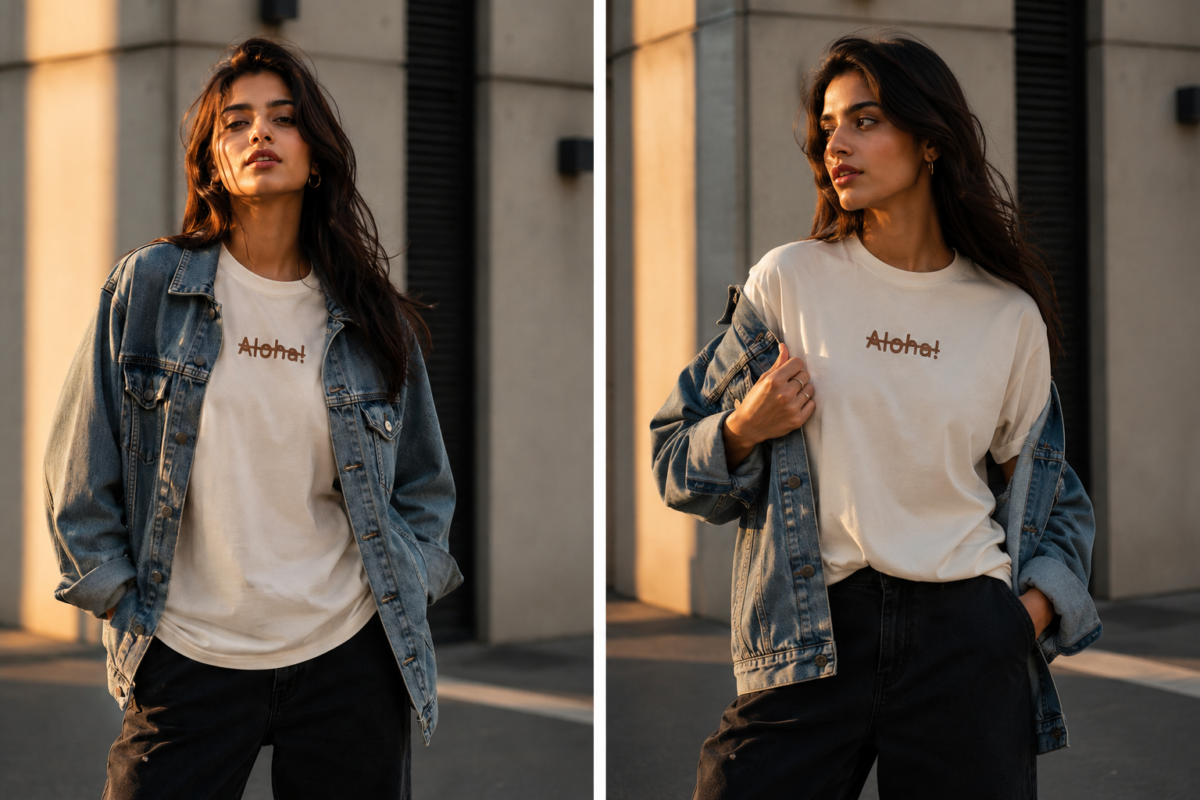 Woman layering an oversized white T-shirt with a denim jacket for a casual streetwear outfit