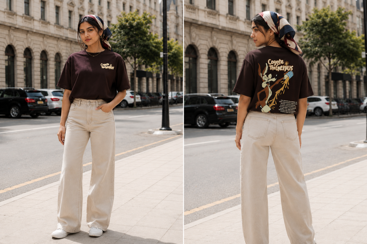Women's brown oversized graphic t-shirt paired with cream wide-leg jeans in a casual streetwear outfit