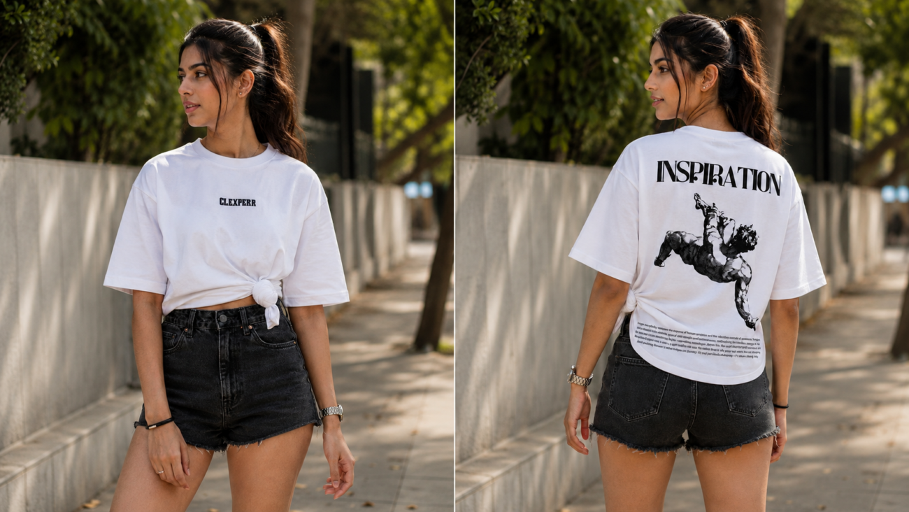 White oversized graphic t-shirt with side knot styling shown from front and back