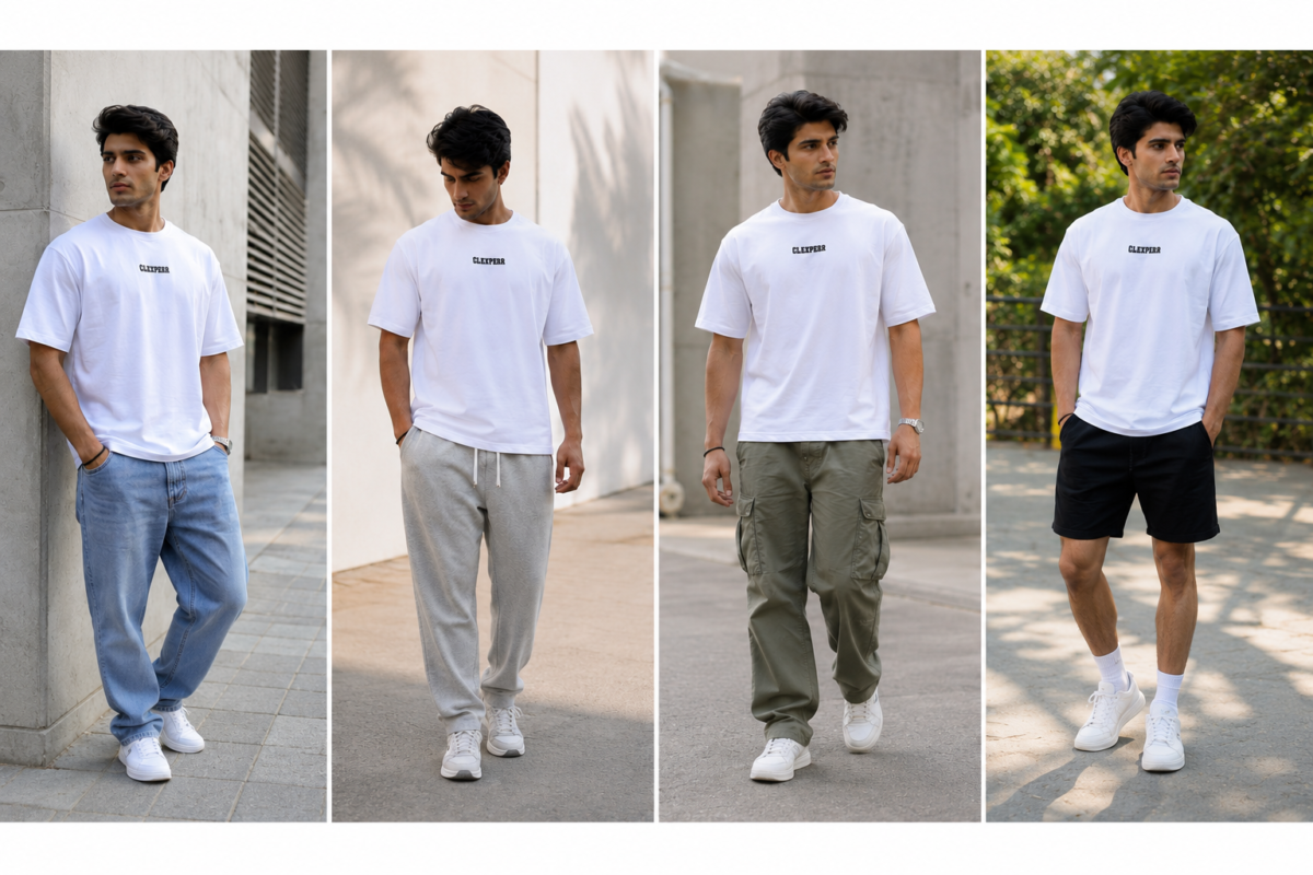 Oversized white t-shirt styled with jeans joggers cargo pants and shorts