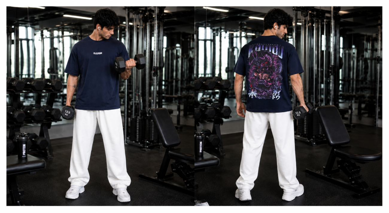 Navy oversized graphic t-shirt styled for gym wear showing front and back view