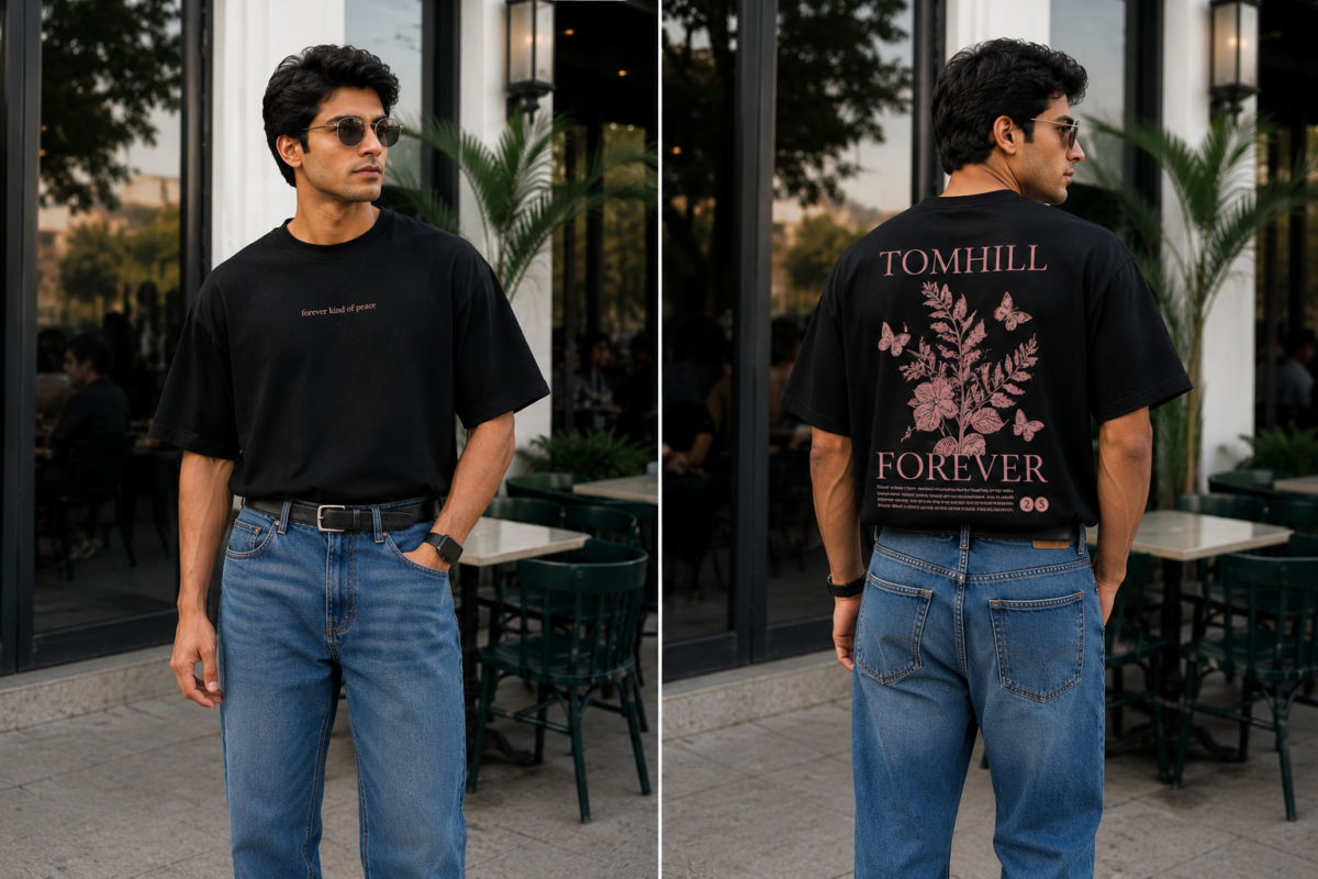 Front and back tucked black oversized t-shirt with jeans for a smart casual oversized outfit